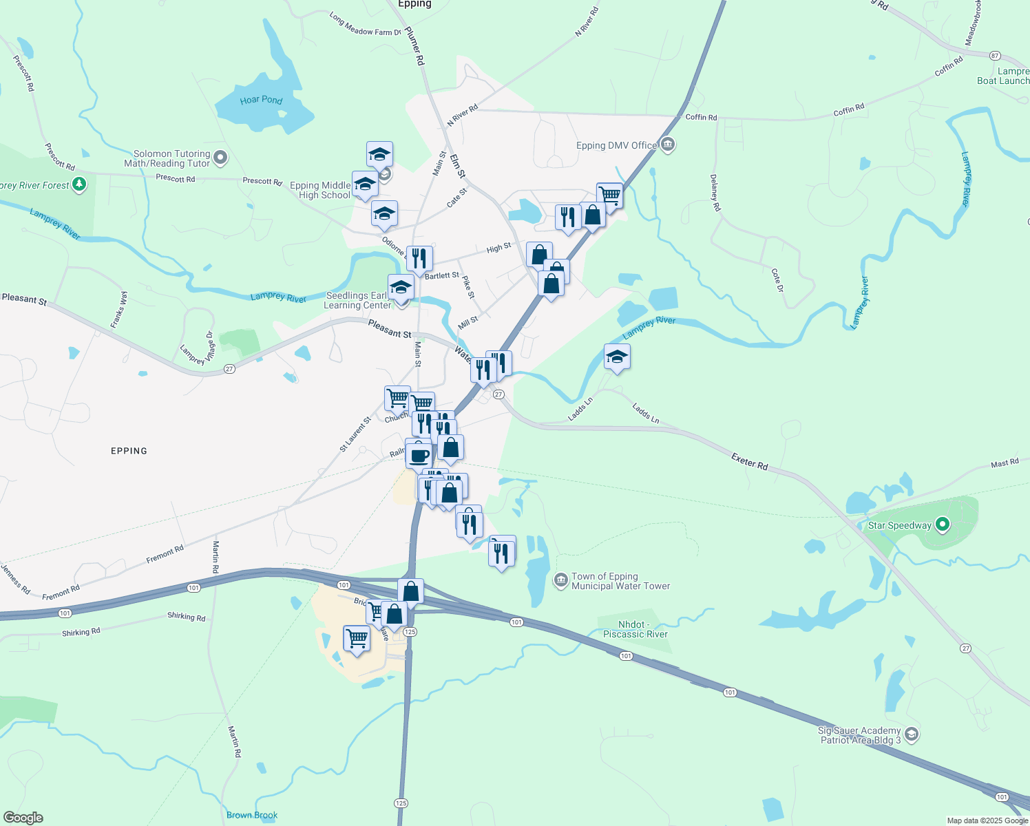 map of restaurants, bars, coffee shops, grocery stores, and more near 38 Exeter Road in Epping