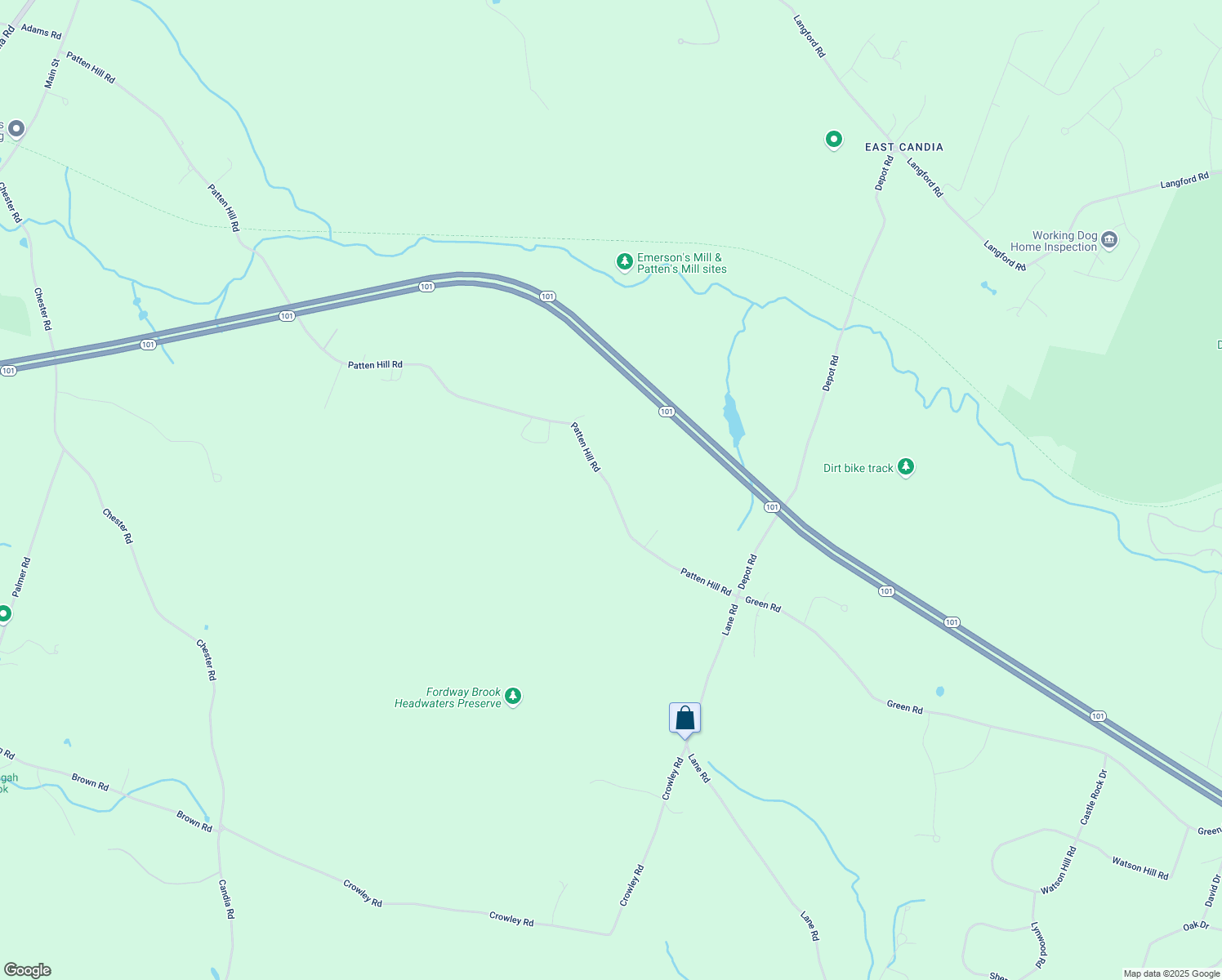 map of restaurants, bars, coffee shops, grocery stores, and more near 489 Patten Hill Road in Candia