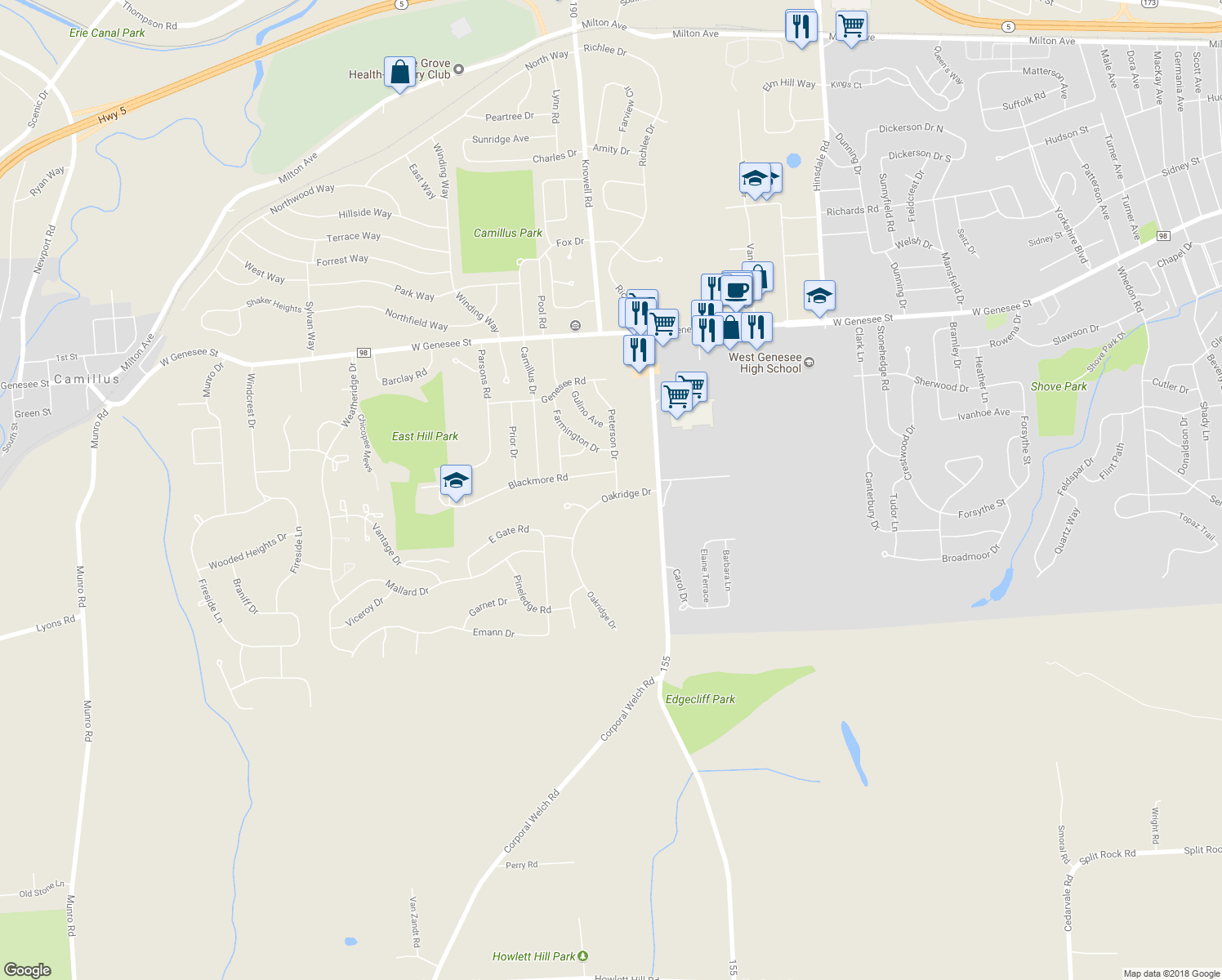 map of restaurants, bars, coffee shops, grocery stores, and more near 101 Peterson Dr in Camillus