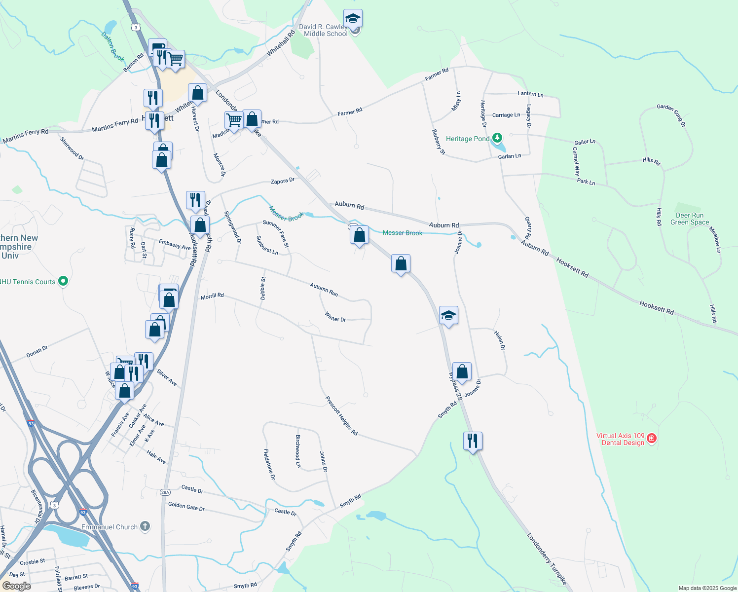 map of restaurants, bars, coffee shops, grocery stores, and more near 45 Autumn Run in Hooksett