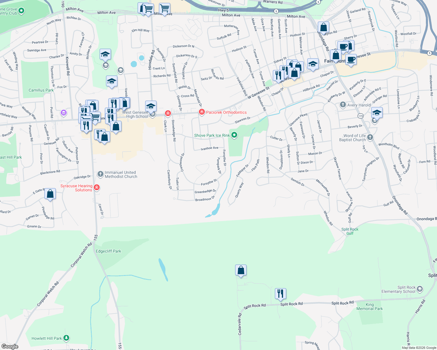 map of restaurants, bars, coffee shops, grocery stores, and more near 122 Fernpark Dr in Camillus