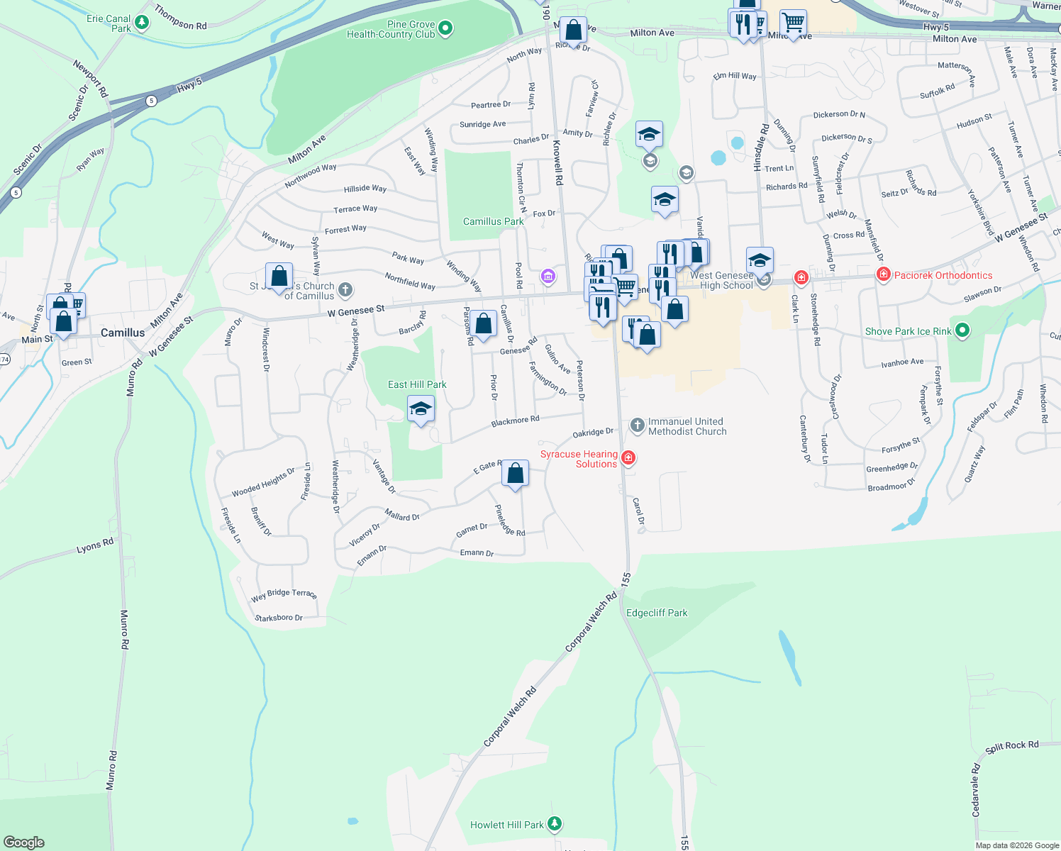 map of restaurants, bars, coffee shops, grocery stores, and more near 117 Blackmore Rd in Camillus