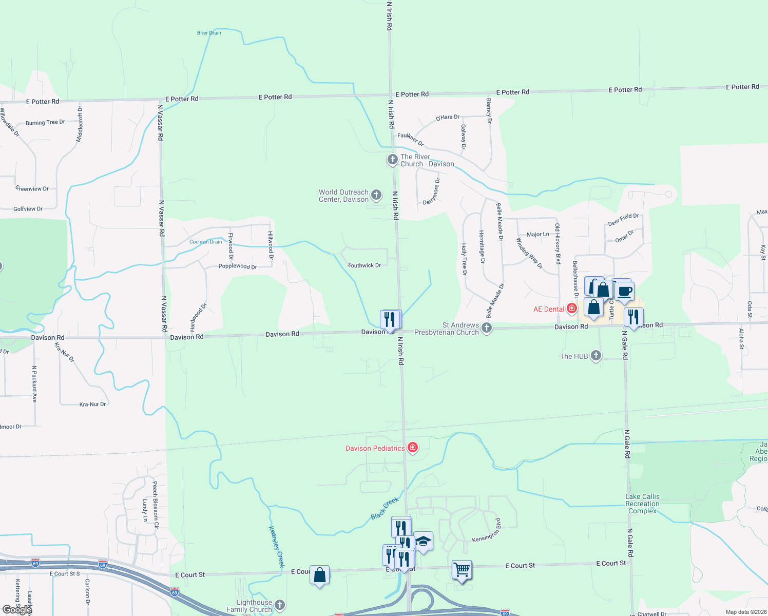 map of restaurants, bars, coffee shops, grocery stores, and more near 2061 North Irish Road in Davison