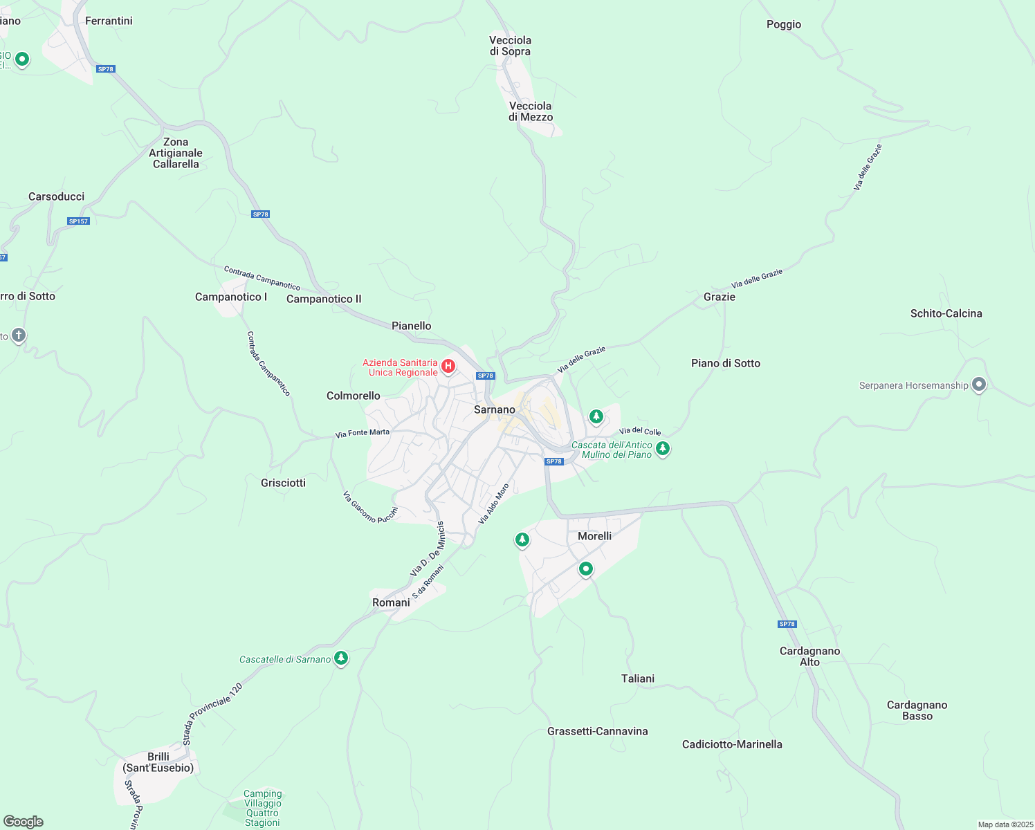 map of restaurants, bars, coffee shops, grocery stores, and more near 92 Strada Picena in Sarnano