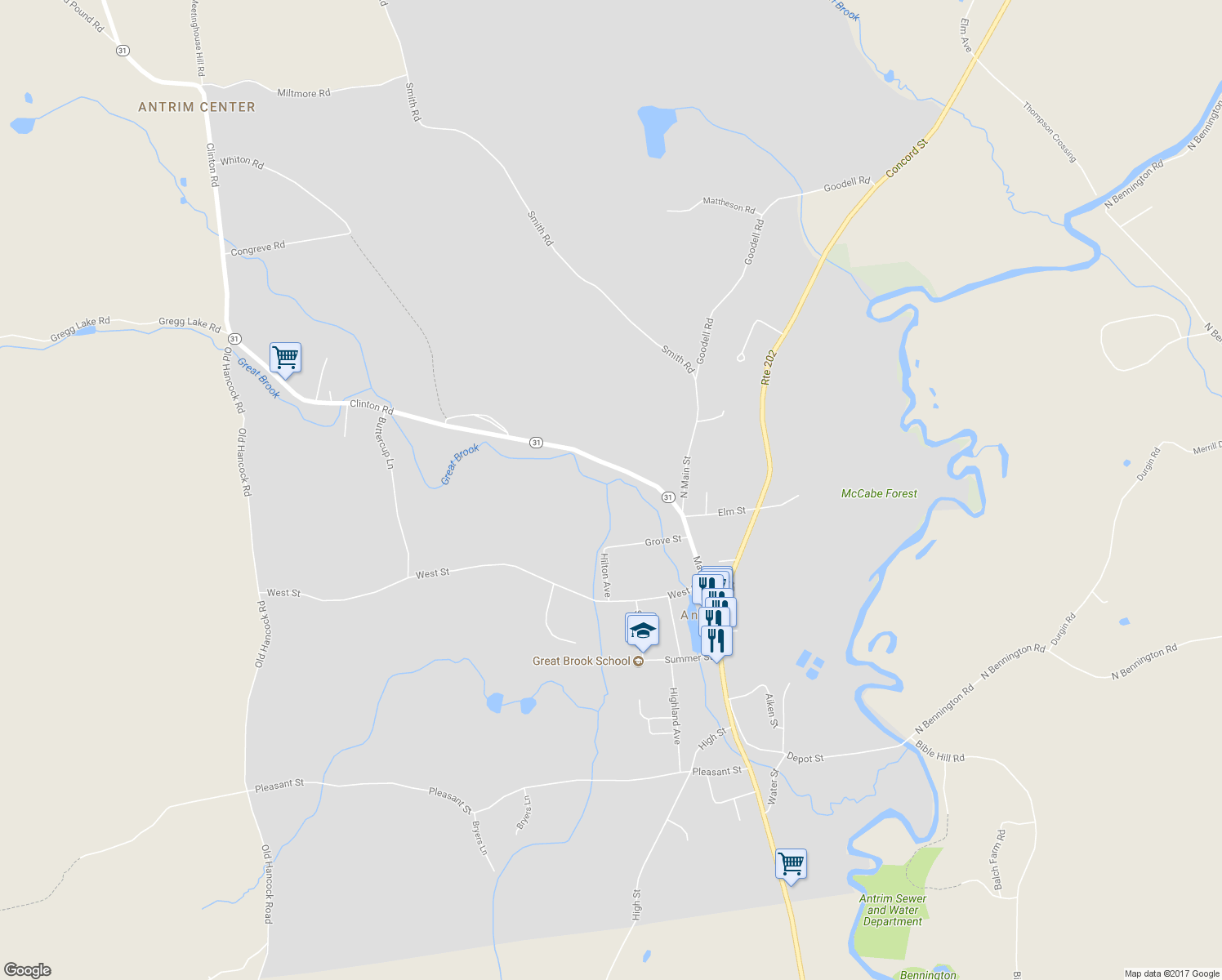map of restaurants, bars, coffee shops, grocery stores, and more near 21 Grove Street in Antrim
