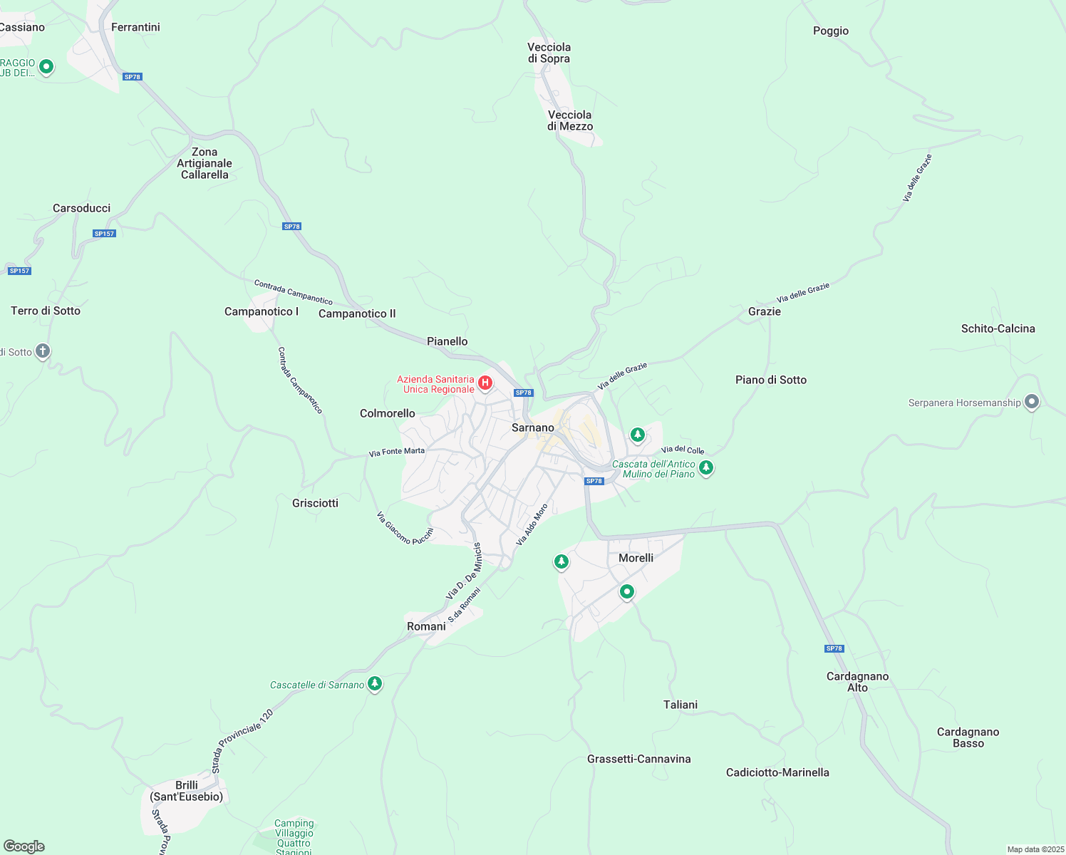 map of restaurants, bars, coffee shops, grocery stores, and more near 92 Strada Picena in Sarnano