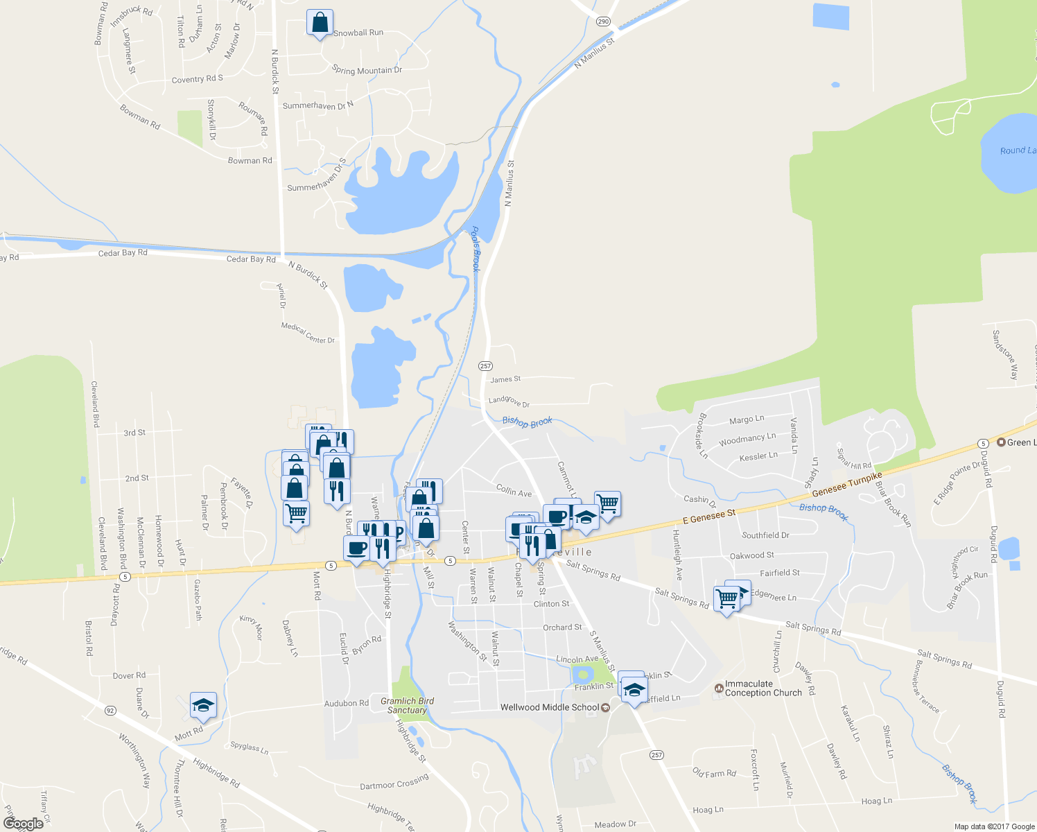 map of restaurants, bars, coffee shops, grocery stores, and more near 4 Landgrove Drive in Fayetteville