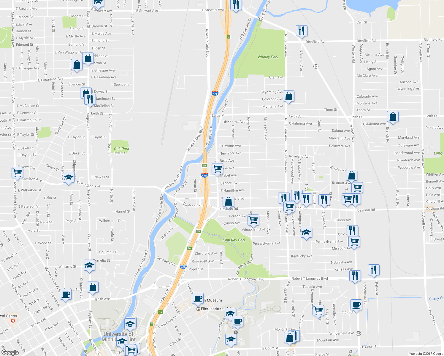 map of restaurants, bars, coffee shops, grocery stores, and more near 1412 Mabel Avenue in Flint