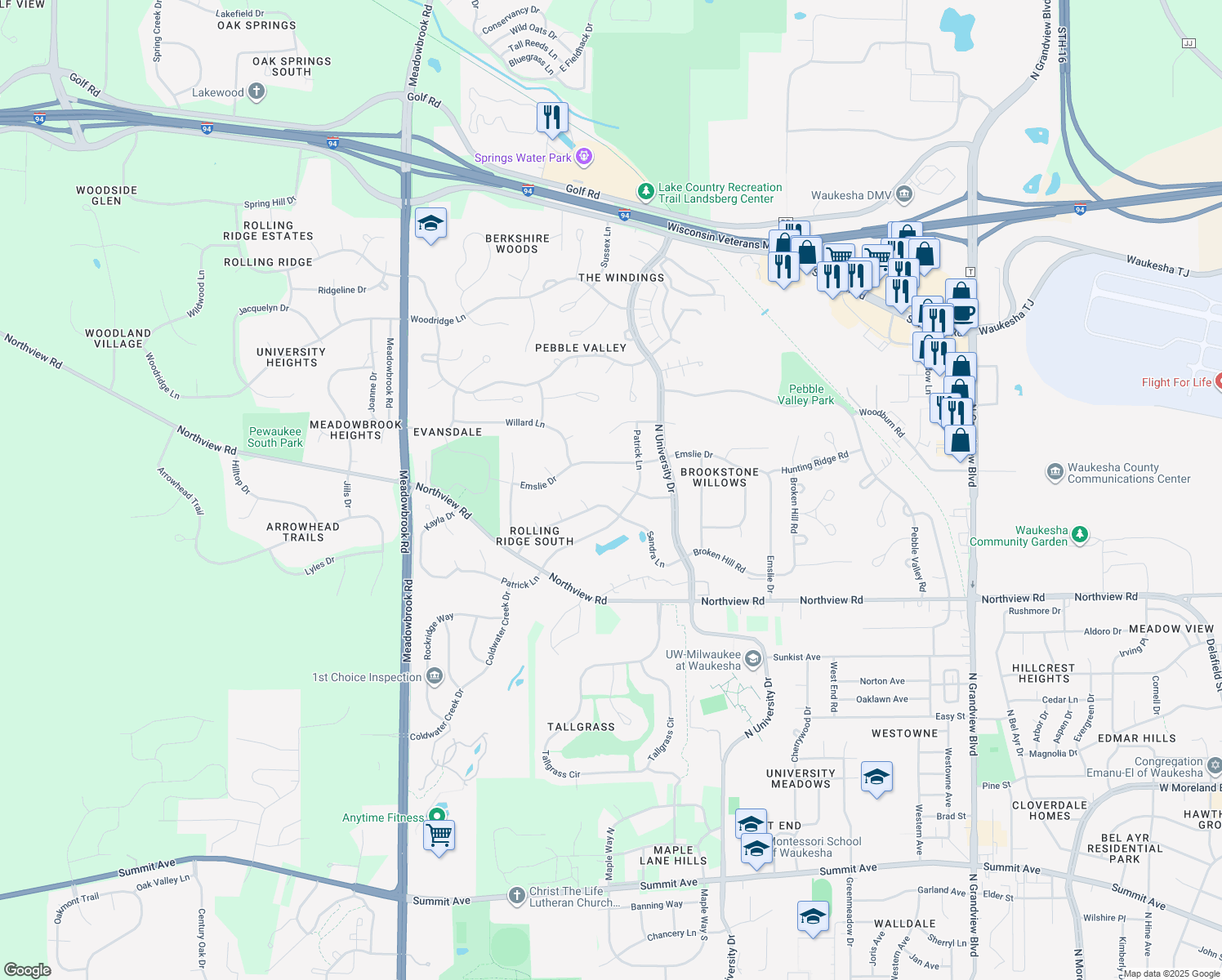 map of restaurants, bars, coffee shops, grocery stores, and more near 2809 Melissa Court in Waukesha