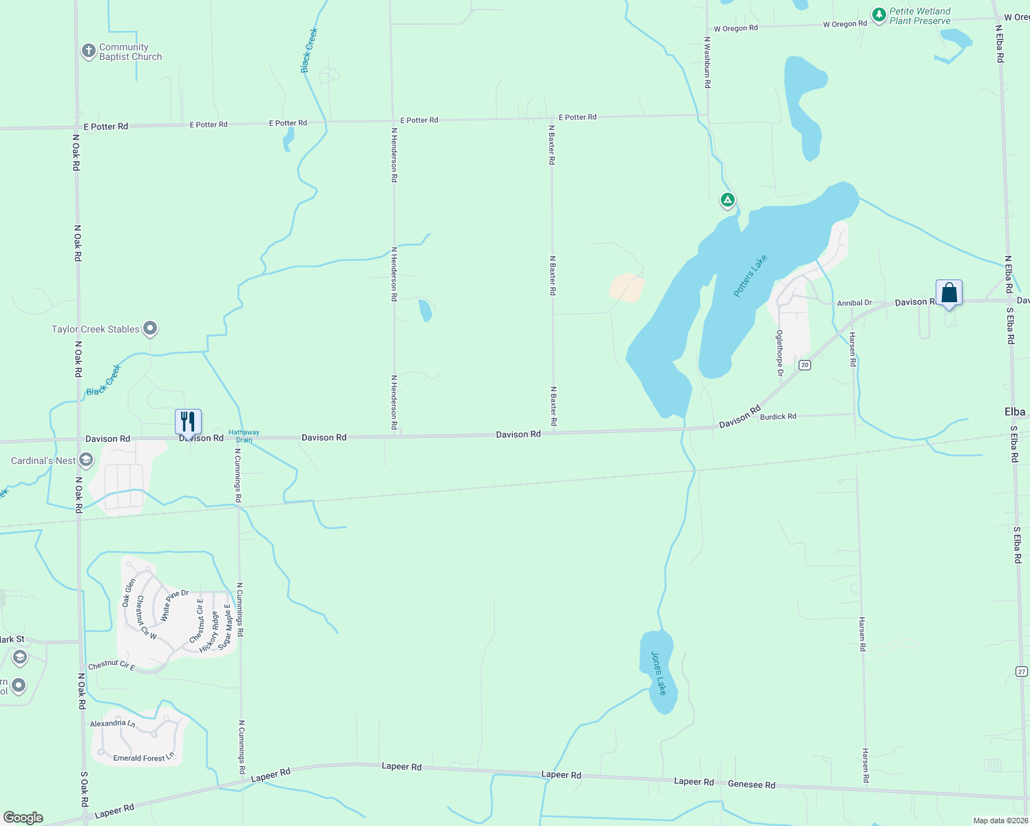map of restaurants, bars, coffee shops, grocery stores, and more near 12199 Davison Road in Davison