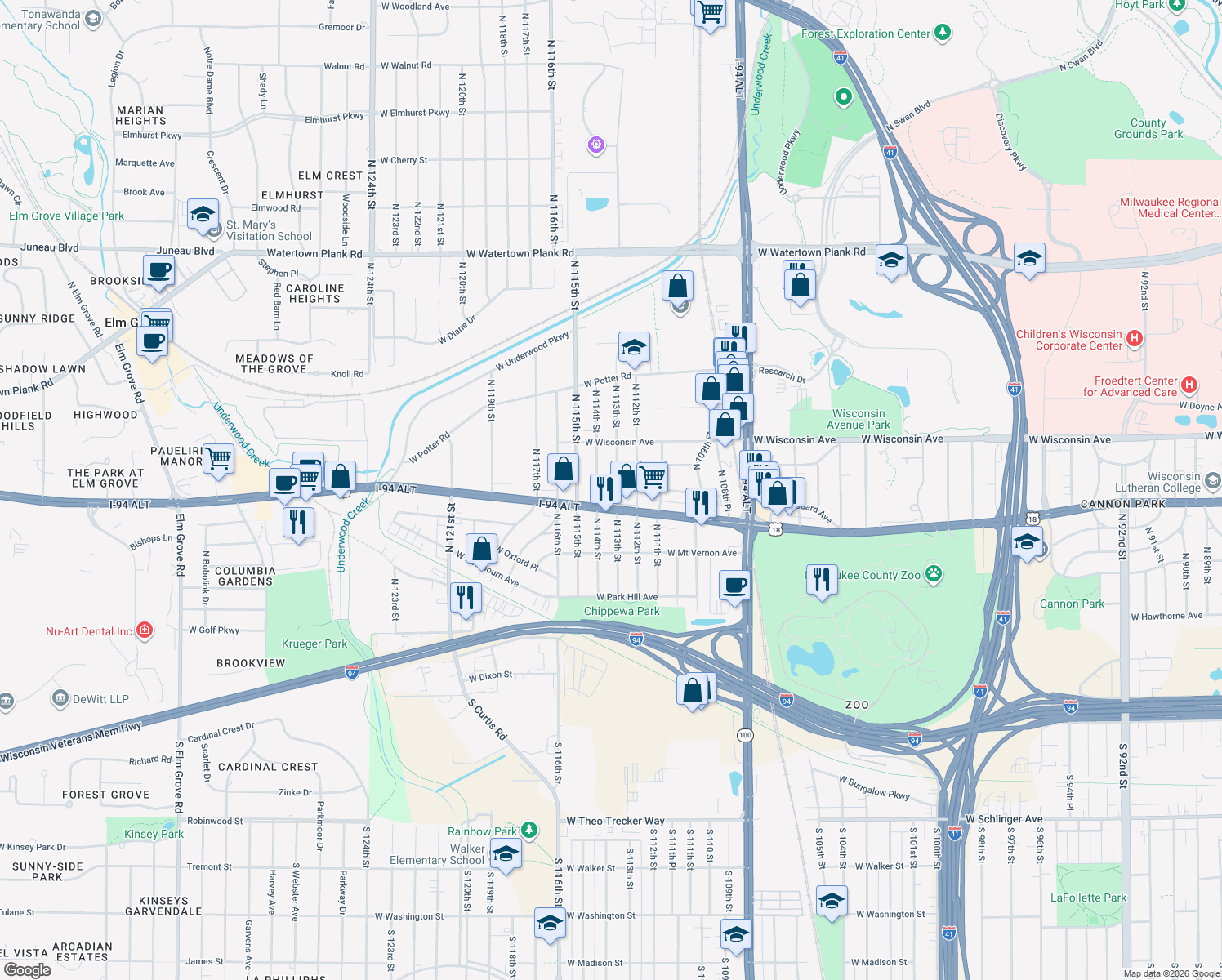 map of restaurants, bars, coffee shops, grocery stores, and more near 457 North 113th Street in Wauwatosa