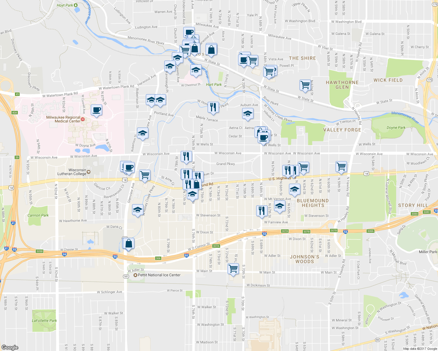 map of restaurants, bars, coffee shops, grocery stores, and more near 7237 Wellauer Drive in Wauwatosa