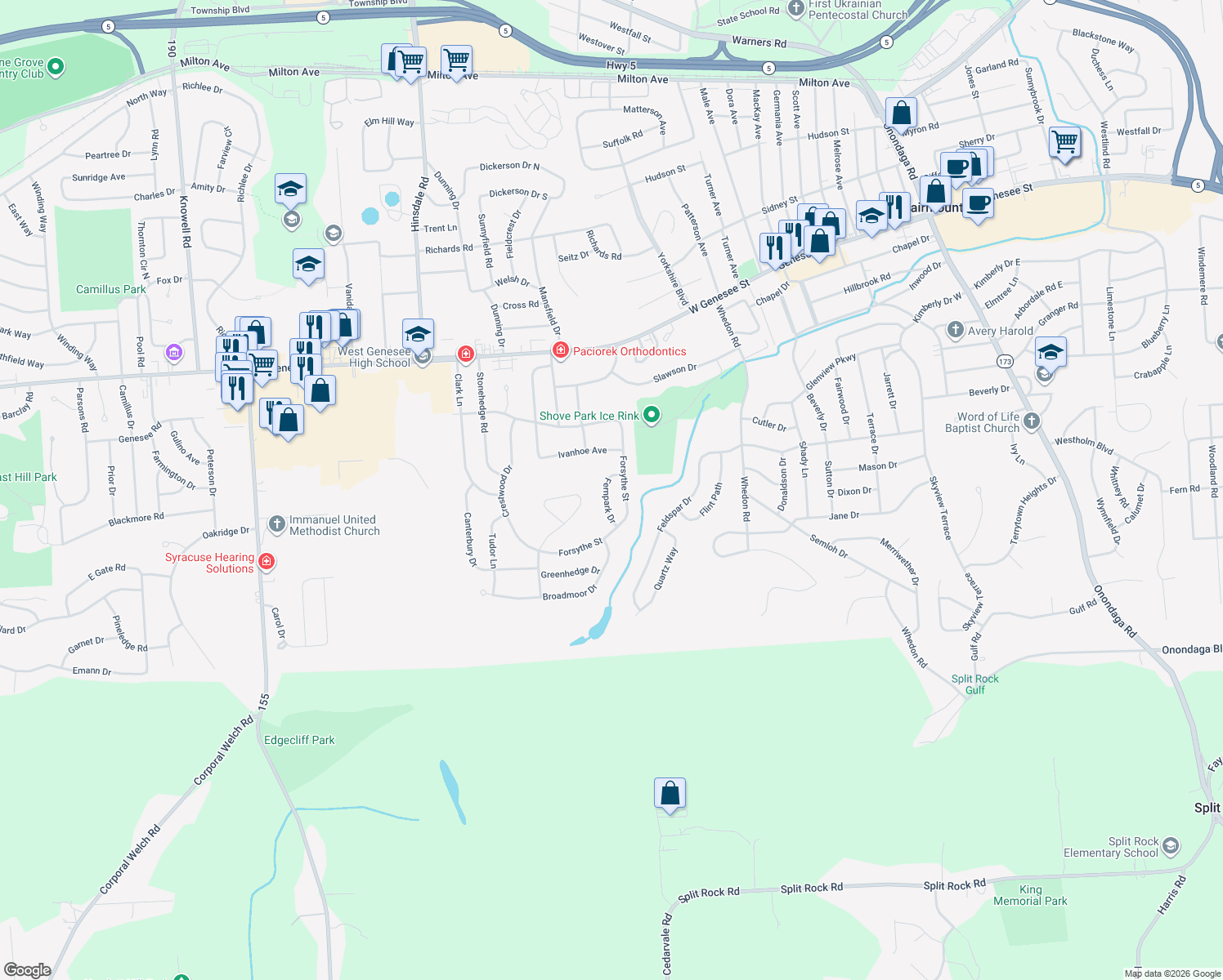 map of restaurants, bars, coffee shops, grocery stores, and more near 105 Fernpark Dr in Camillus