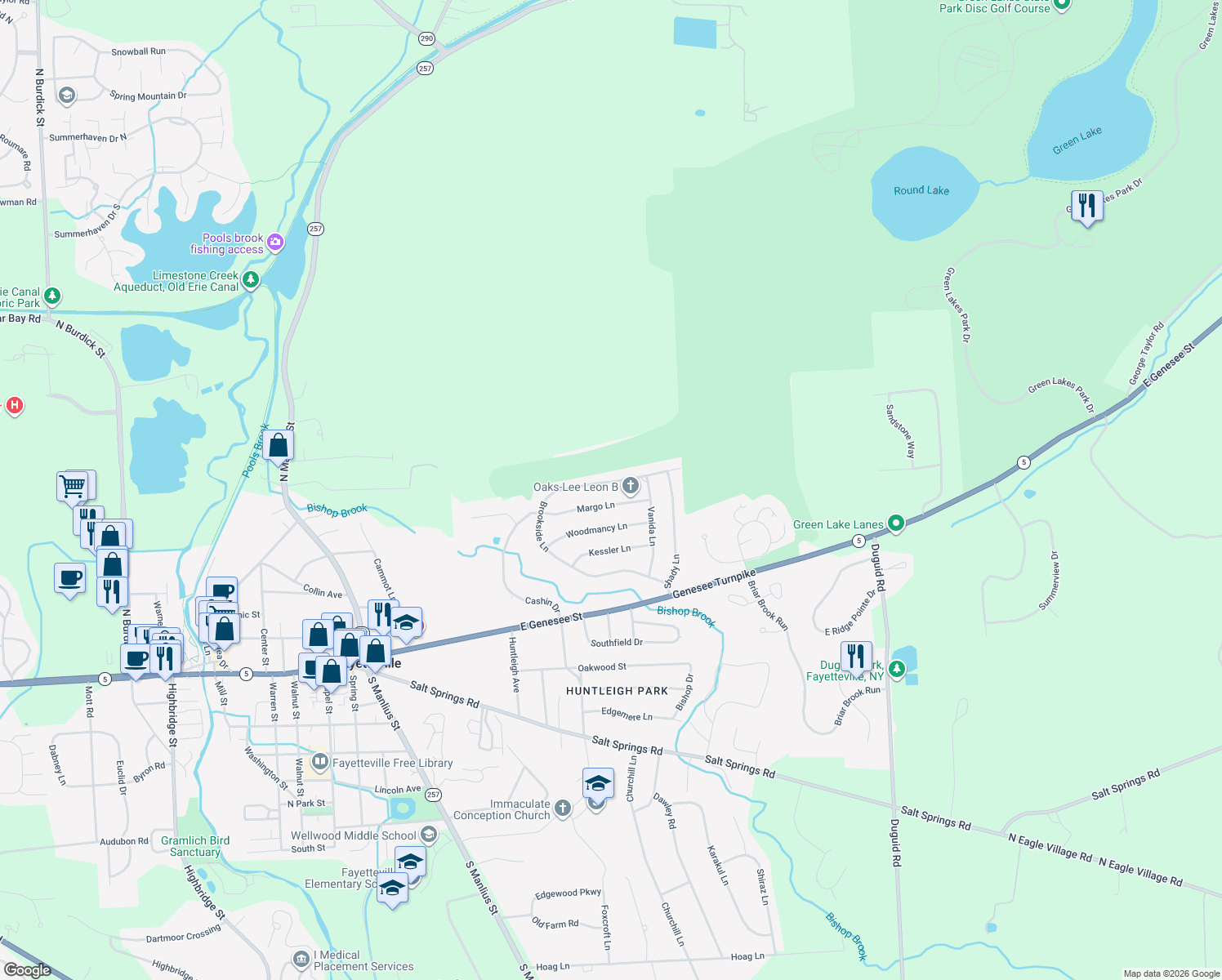 map of restaurants, bars, coffee shops, grocery stores, and more near 162 Brookside Lane in Fayetteville