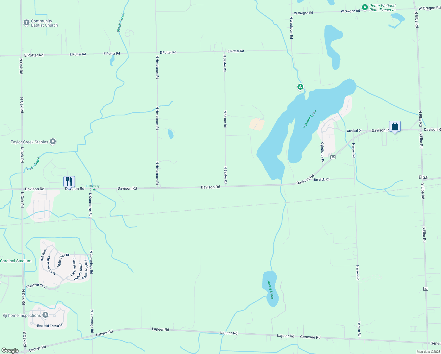 map of restaurants, bars, coffee shops, grocery stores, and more near 2037 North Baxter Road in Davison