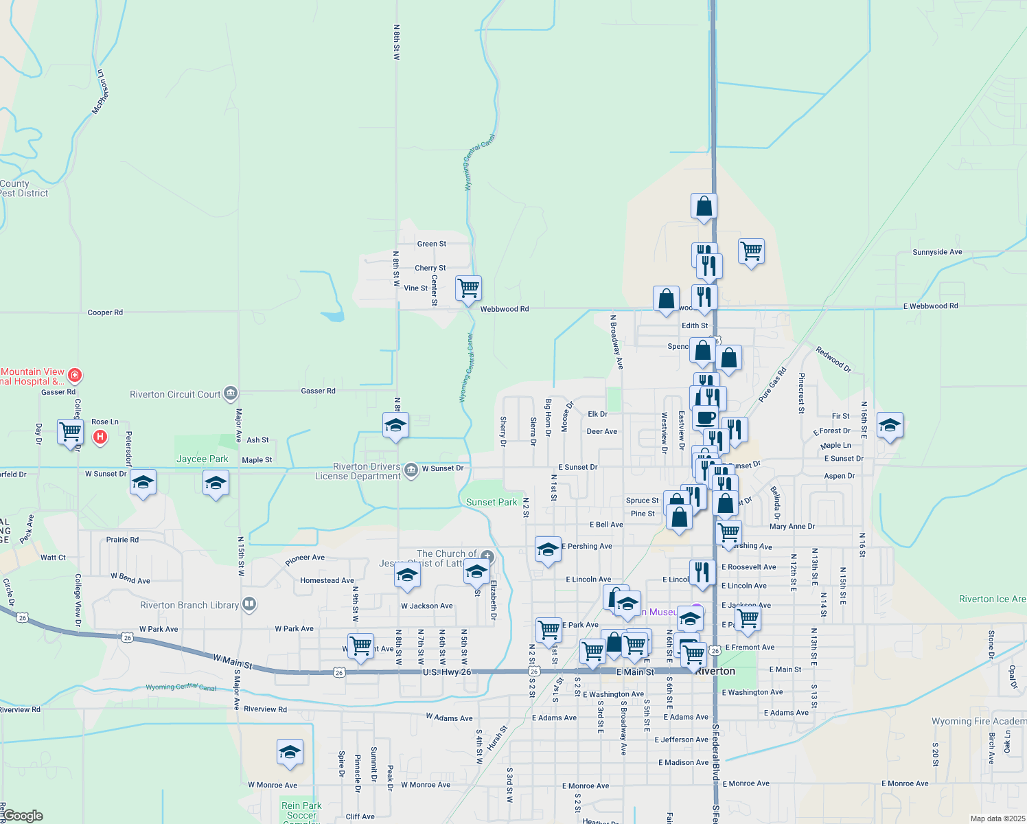 map of restaurants, bars, coffee shops, grocery stores, and more near 1108 Westwood Dr in Riverton