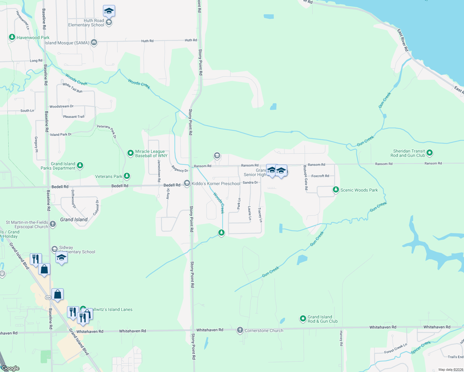 map of restaurants, bars, coffee shops, grocery stores, and more near 37 Bluejay Ln in Grand Island