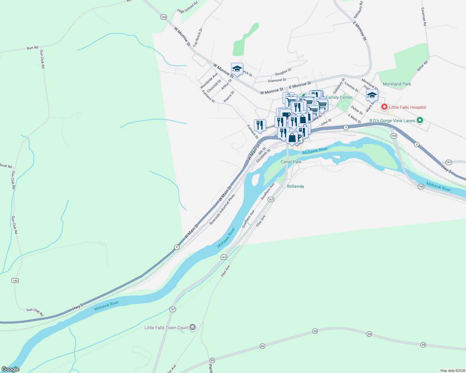 map of restaurants, bars, coffee shops, grocery stores, and more near 347 51 W Main St in Little Falls