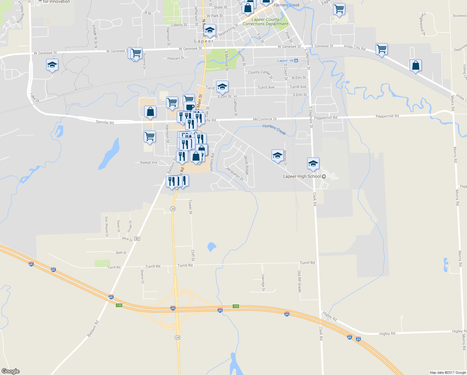 map of restaurants, bars, coffee shops, grocery stores, and more near 126 Hunters Rill in Lapeer