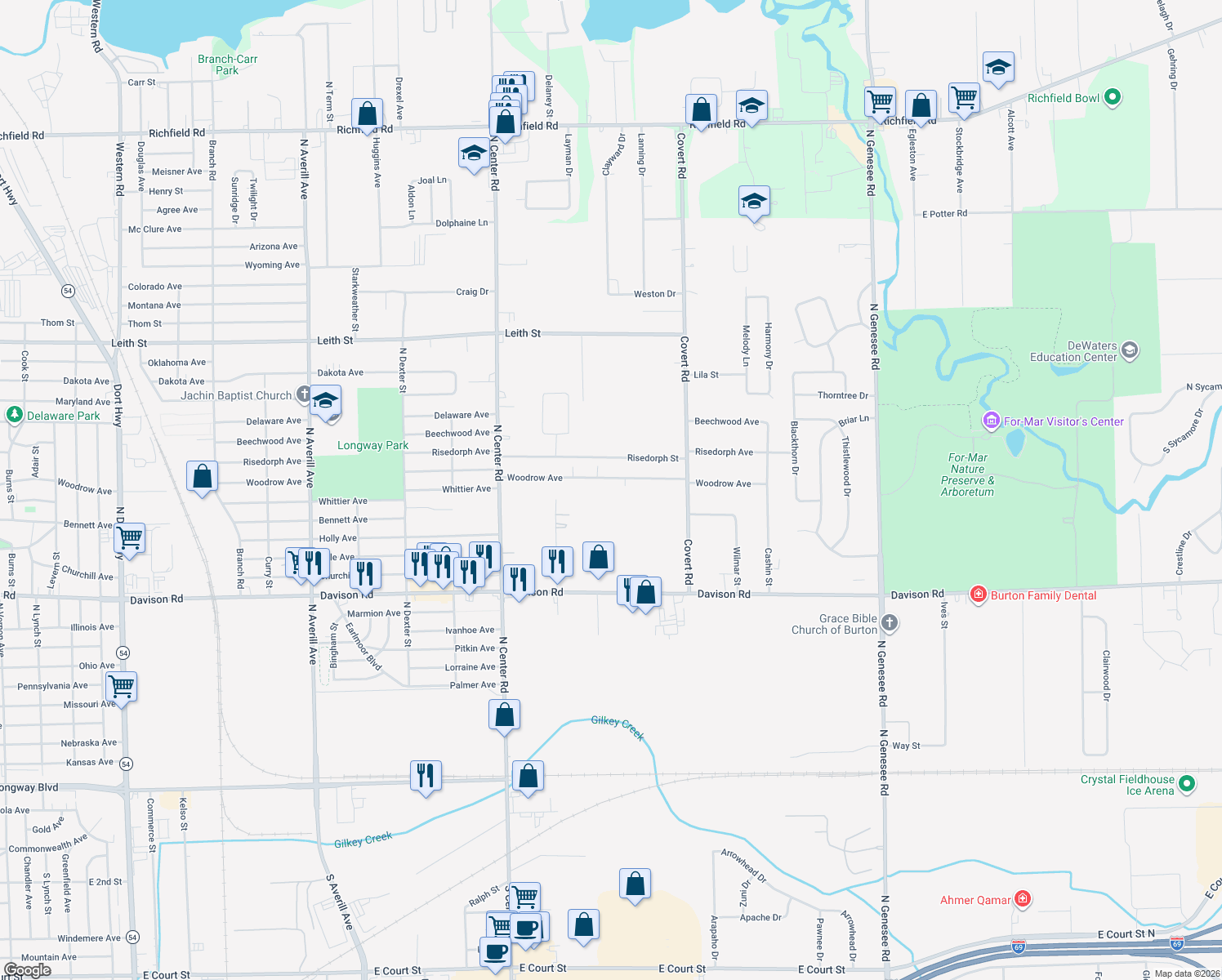 map of restaurants, bars, coffee shops, grocery stores, and more near 4158 Woodrow Avenue in Burton