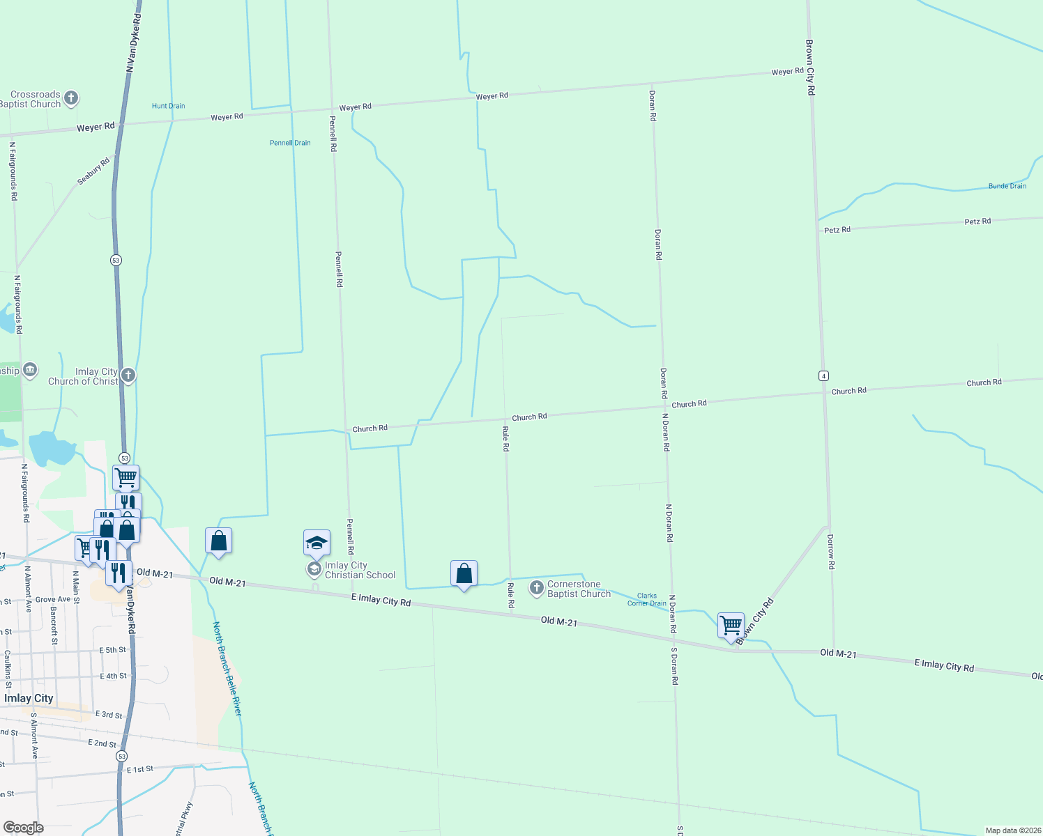 map of restaurants, bars, coffee shops, grocery stores, and more near 7525 Church Road in Imlay City