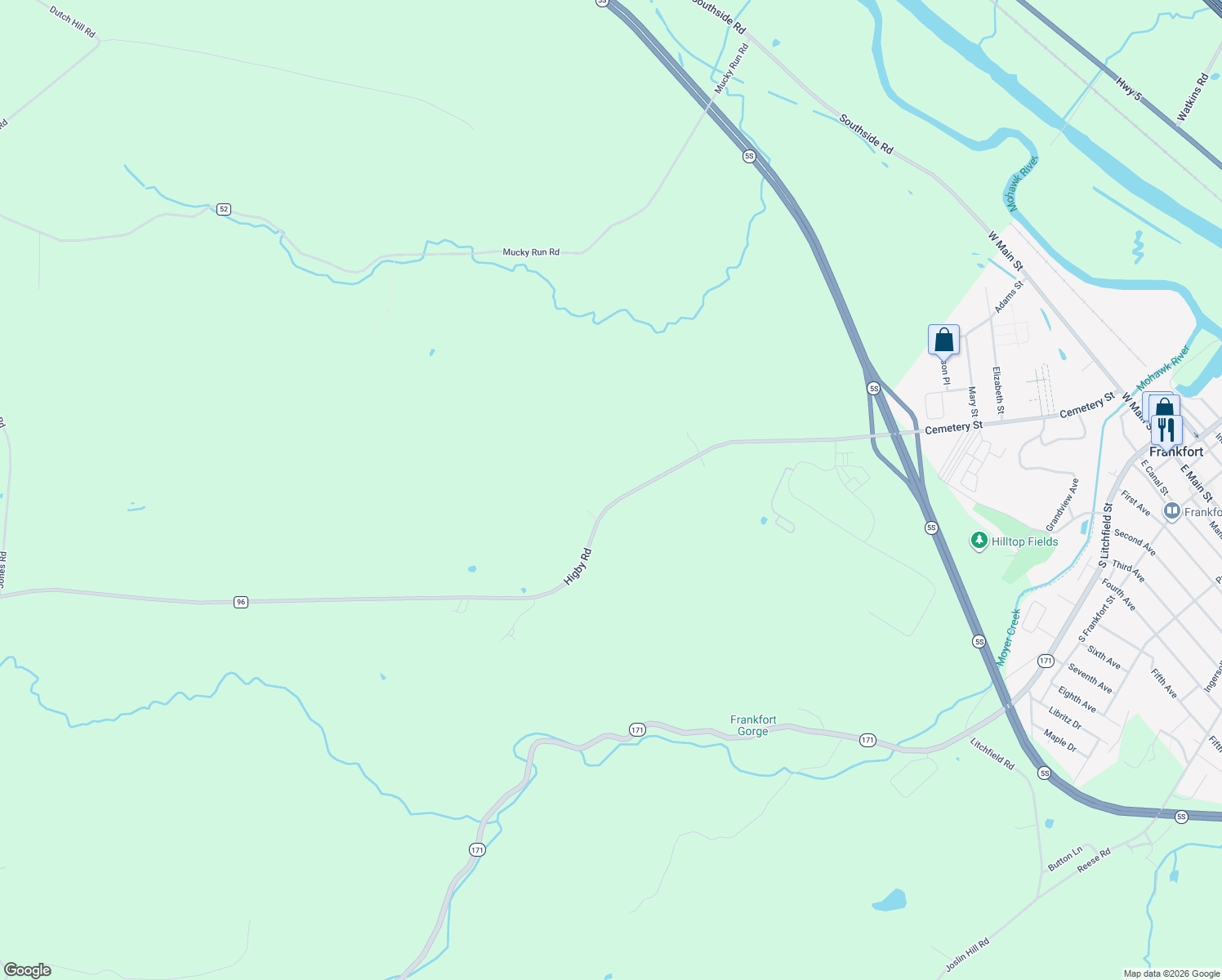 map of restaurants, bars, coffee shops, grocery stores, and more near 2415 Higby Rd in Frankfort