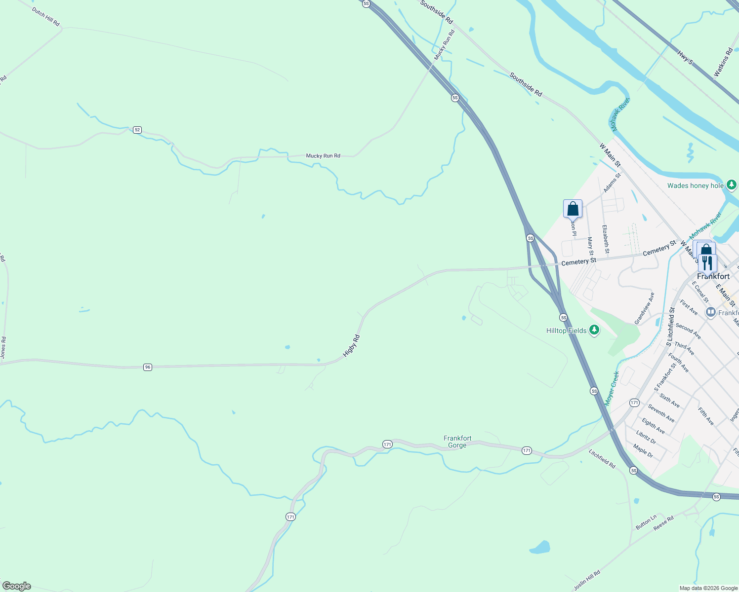 map of restaurants, bars, coffee shops, grocery stores, and more near 2415 Higby Road in Frankfort