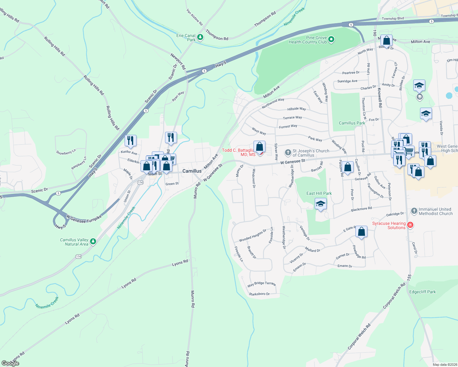 map of restaurants, bars, coffee shops, grocery stores, and more near 103 Orchard Way in Camillus
