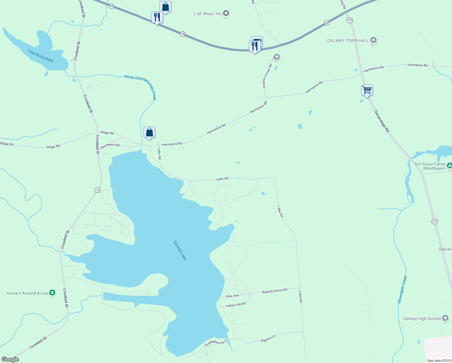 map of restaurants, bars, coffee shops, grocery stores, and more near 5723 Lake Road in Galway