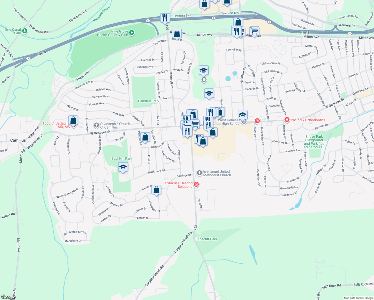 map of restaurants, bars, coffee shops, grocery stores, and more near 206 Kasson Road in Camillus