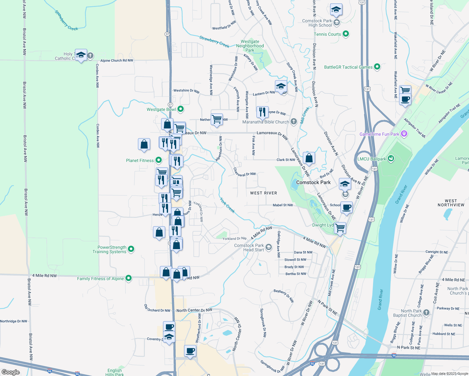 map of restaurants, bars, coffee shops, grocery stores, and more near 460 Woodrush Court Northwest in Comstock Park