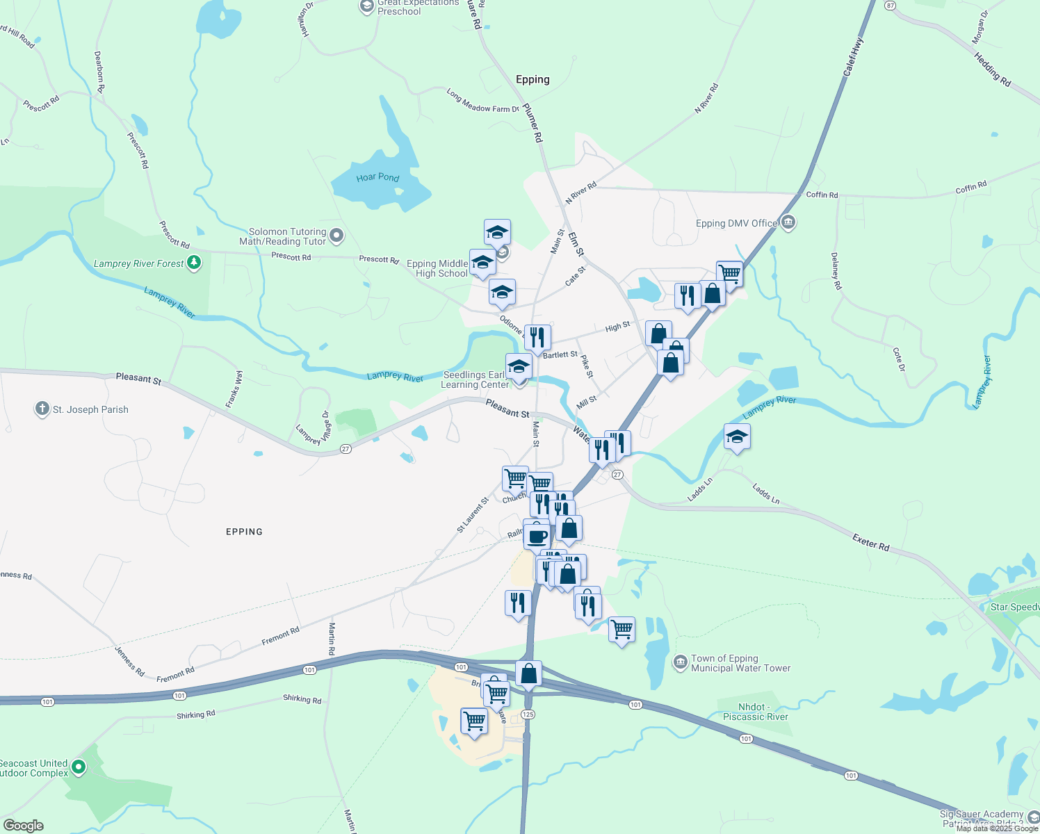 map of restaurants, bars, coffee shops, grocery stores, and more near 10 Pleasant Street in Epping