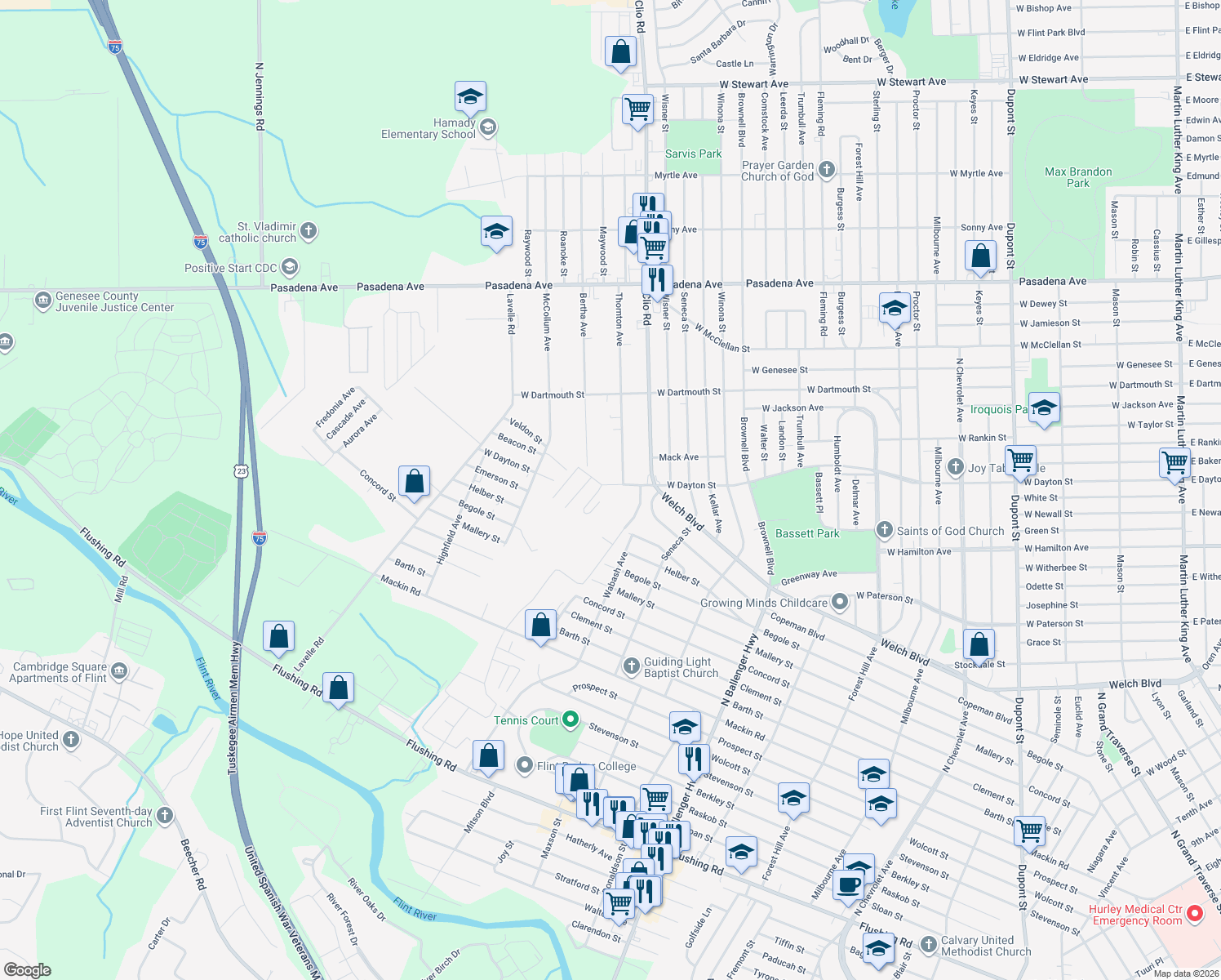 map of restaurants, bars, coffee shops, grocery stores, and more near 2393 W Dayton St in Flint