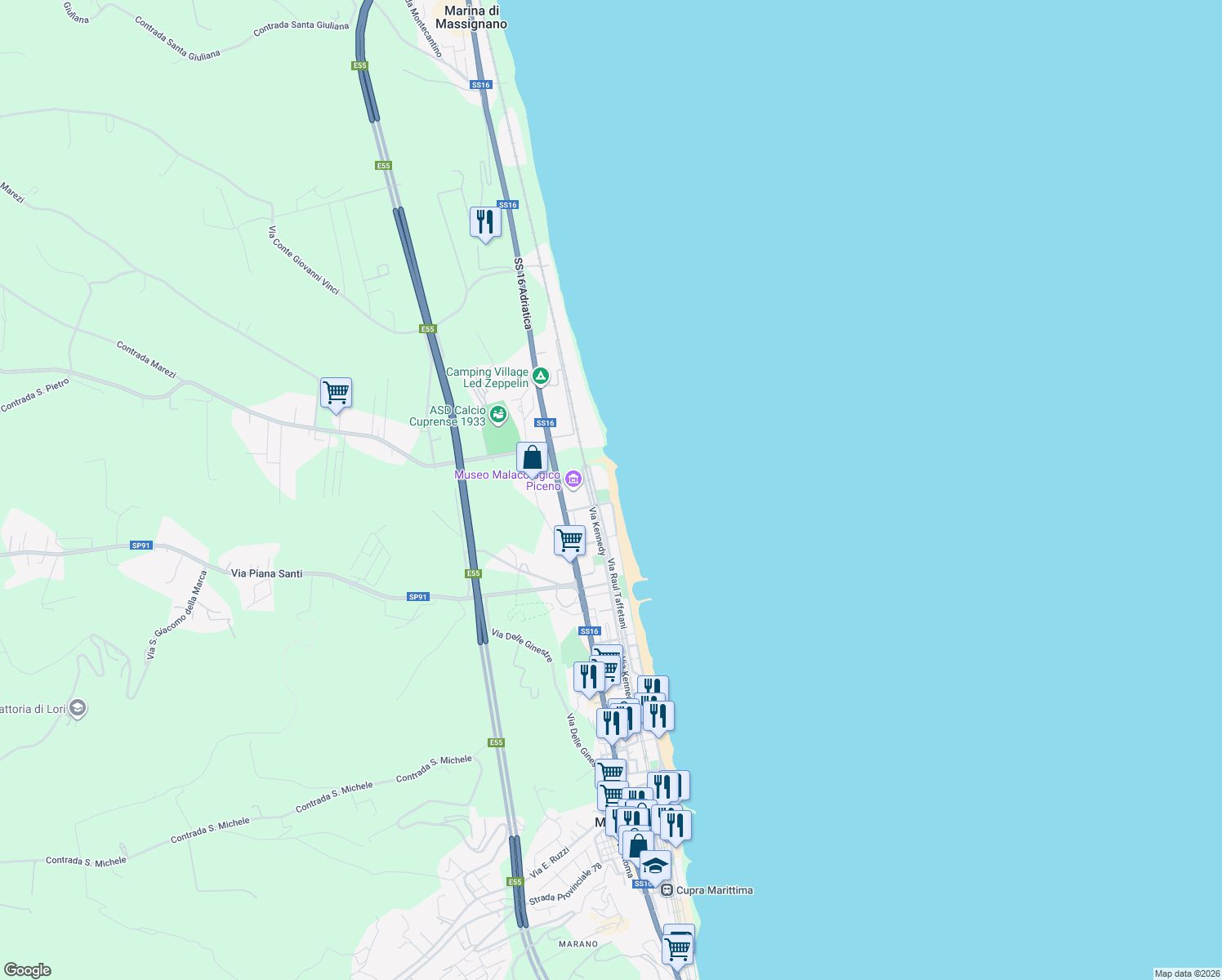 map of restaurants, bars, coffee shops, grocery stores, and more near 61 Via Kennedy in Cupra Marittima