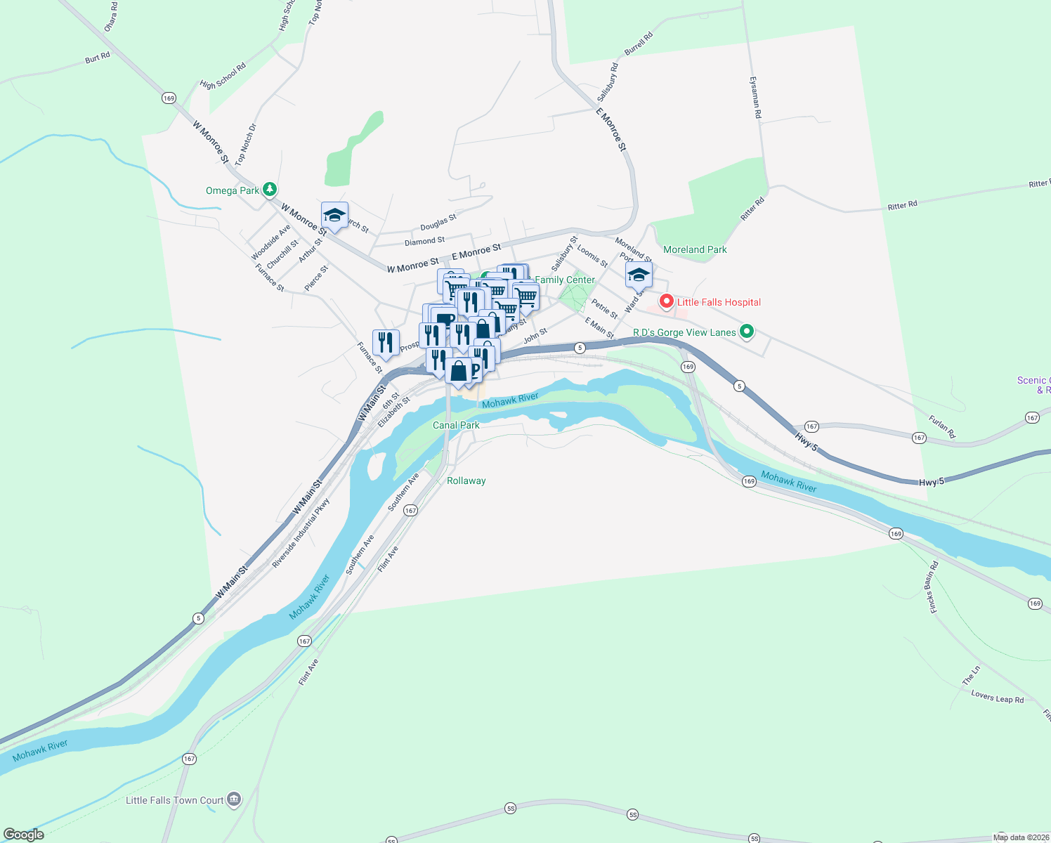 map of restaurants, bars, coffee shops, grocery stores, and more near 3 Danube Street in Little Falls