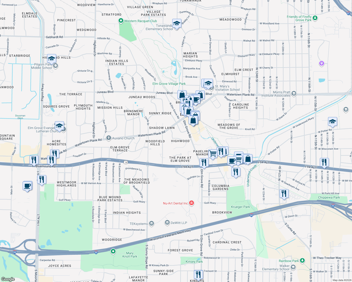map of restaurants, bars, coffee shops, grocery stores, and more near 13555 Highwood Dr in Elm Grove