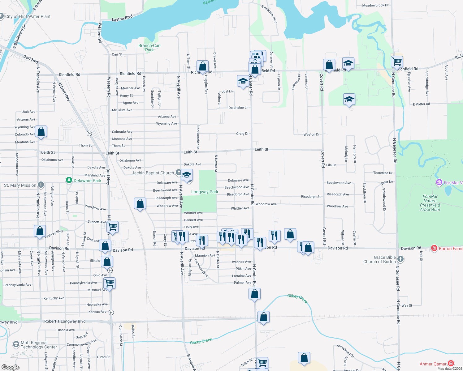 map of restaurants, bars, coffee shops, grocery stores, and more near 3741 Beechwood Avenue in Flint