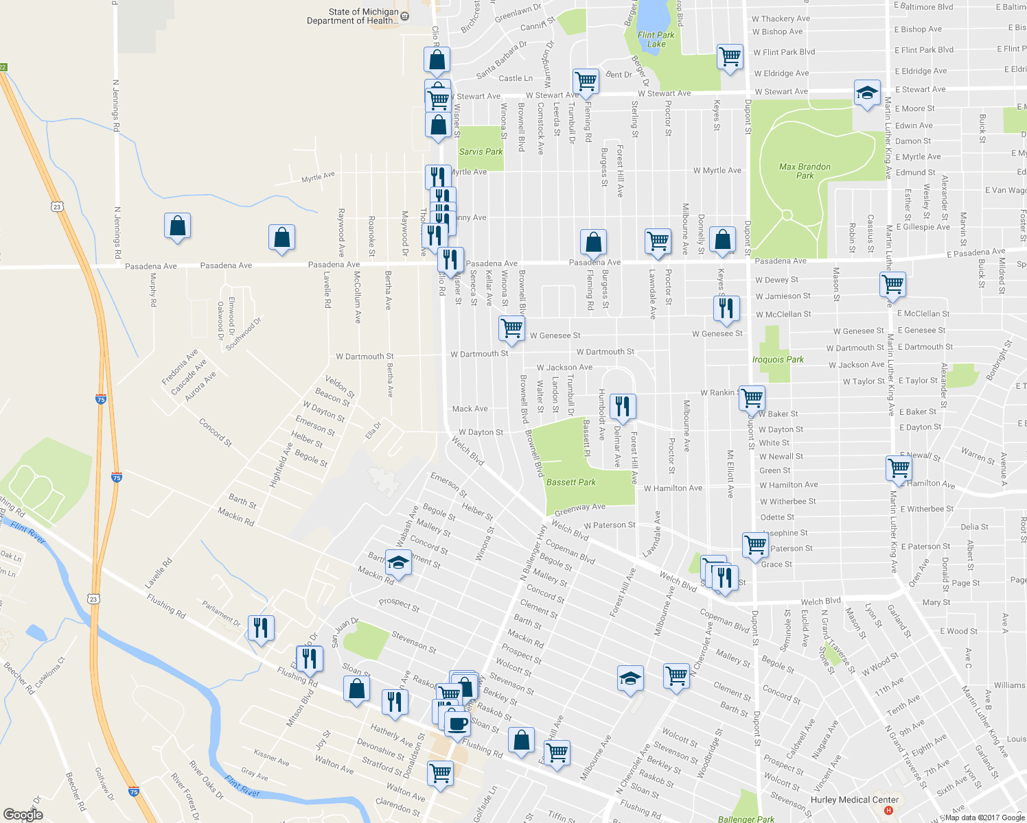 map of restaurants, bars, coffee shops, grocery stores, and more near 2528 Winona Street in Flint