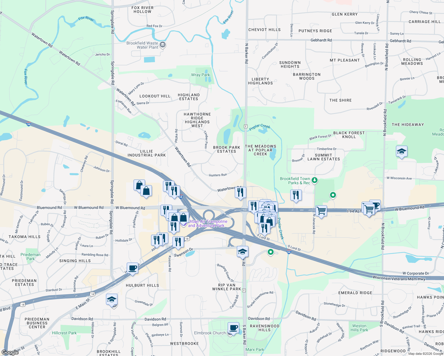 map of restaurants, bars, coffee shops, grocery stores, and more near 20665 Hunters Run in Brookfield