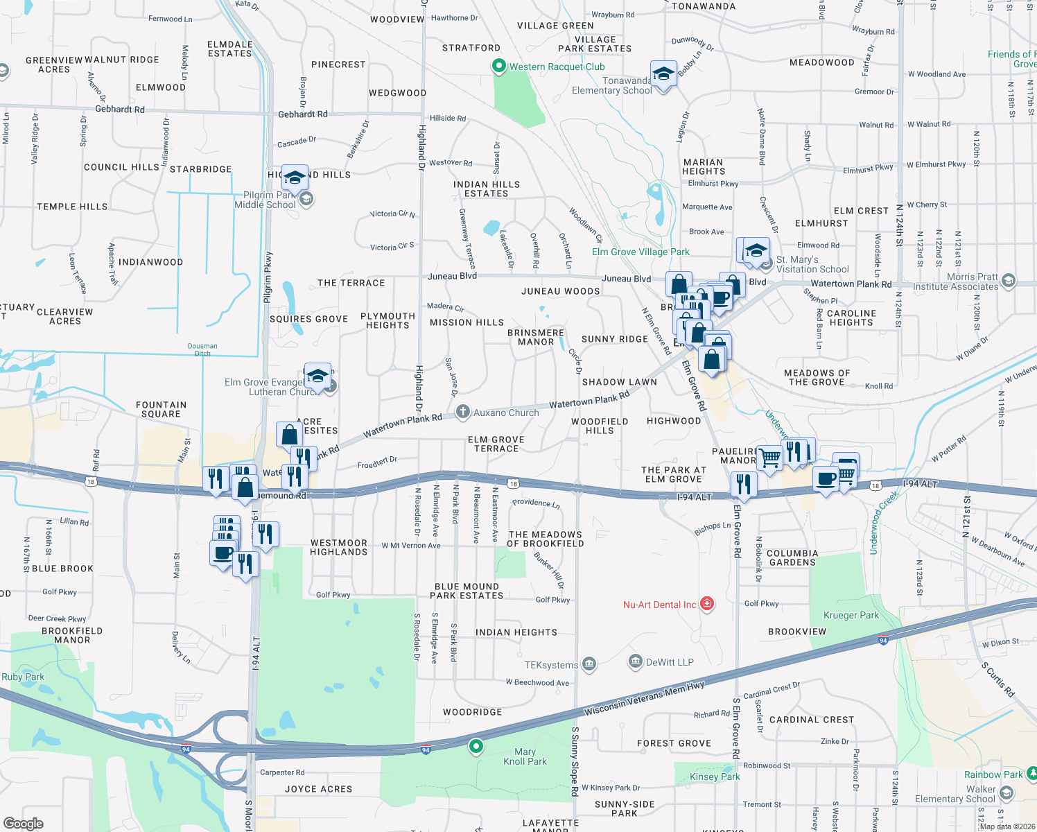 map of restaurants, bars, coffee shops, grocery stores, and more near 14235 Watertown Plank Rd in Elm Grove