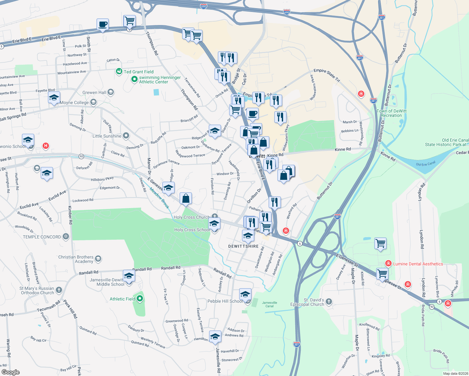 map of restaurants, bars, coffee shops, grocery stores, and more near 212 Haddonfield Dr in Syracuse
