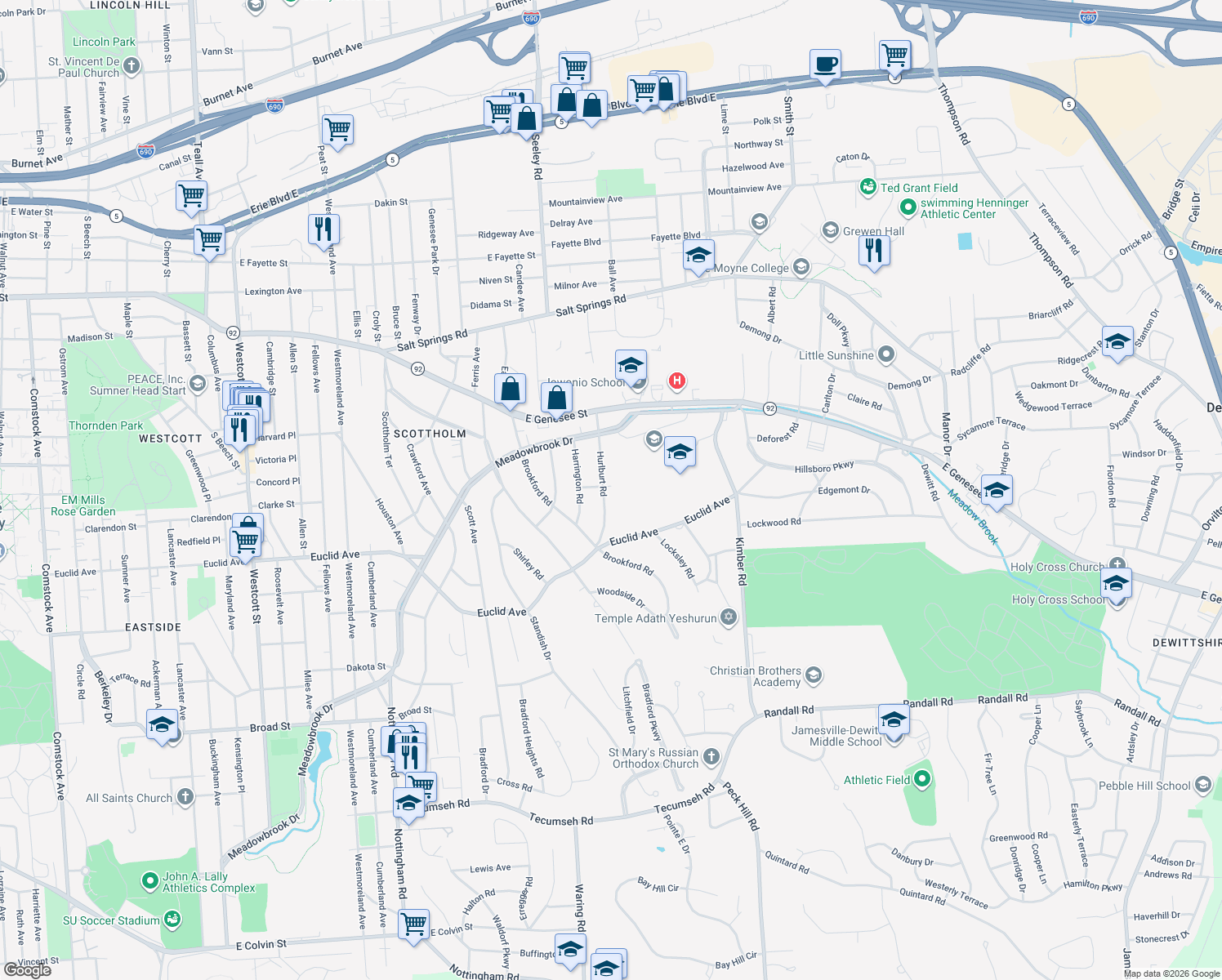 map of restaurants, bars, coffee shops, grocery stores, and more near 301 Hurlburt Road in Syracuse