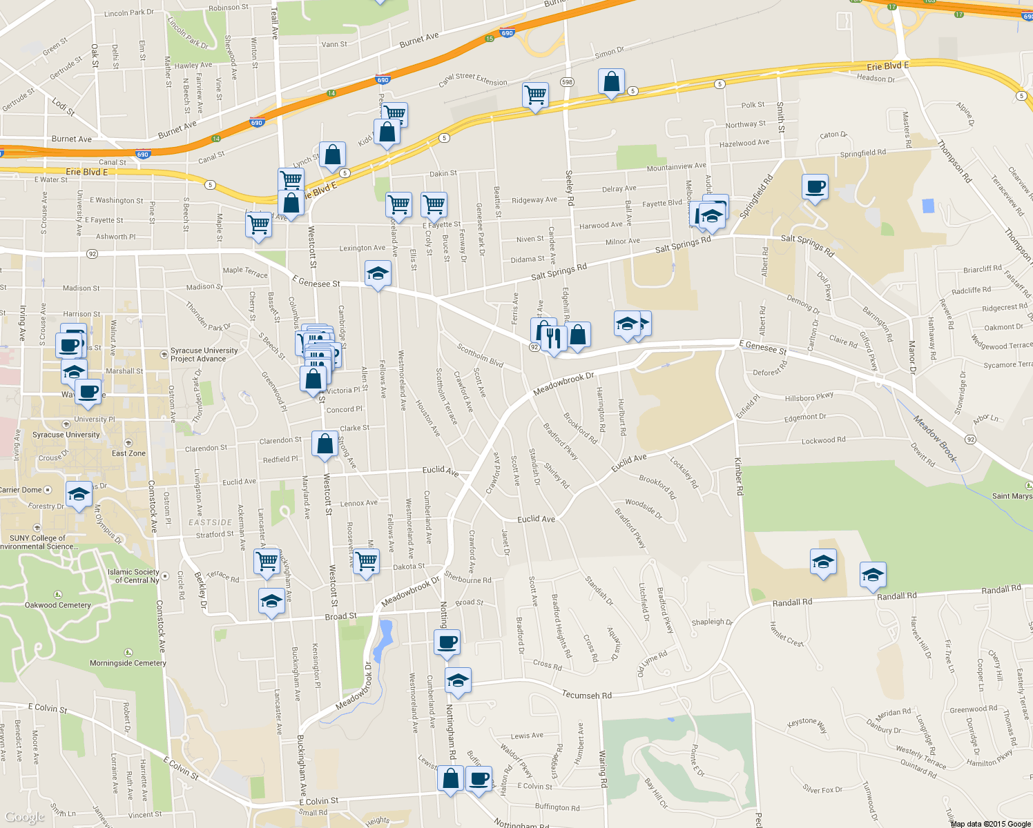 map of restaurants, bars, coffee shops, grocery stores, and more near 1324 Meadowbrook Dr in Syracuse
