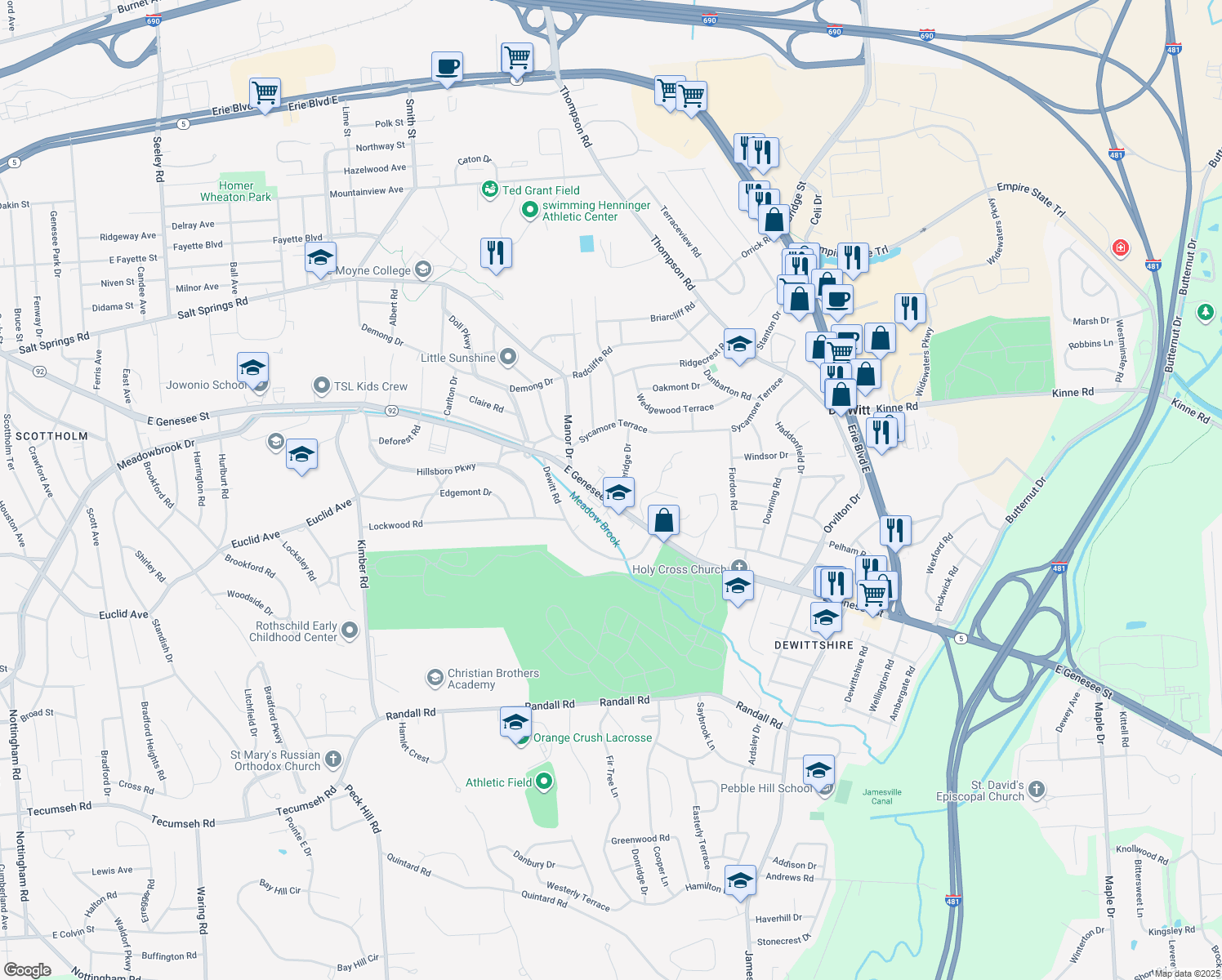 map of restaurants, bars, coffee shops, grocery stores, and more near 101 Stoneridge Dr in Syracuse