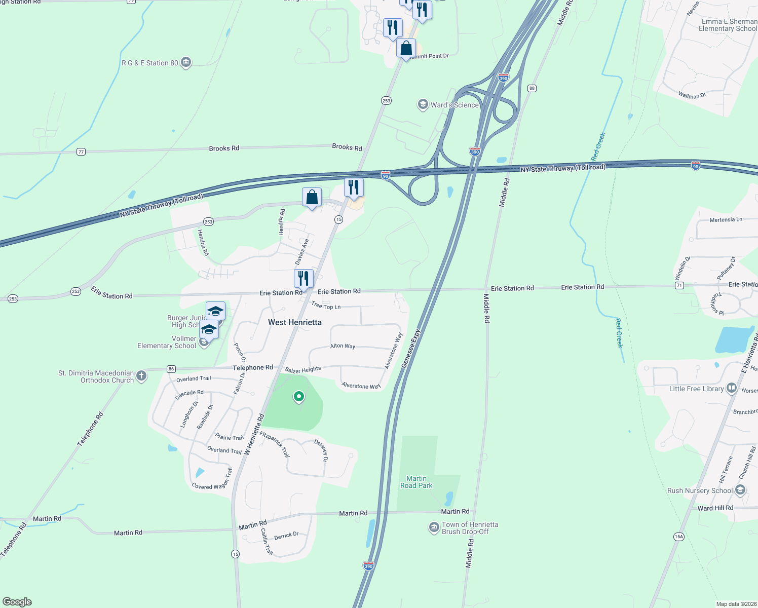 map of restaurants, bars, coffee shops, grocery stores, and more near 98 Tree Top Lane in West Henrietta