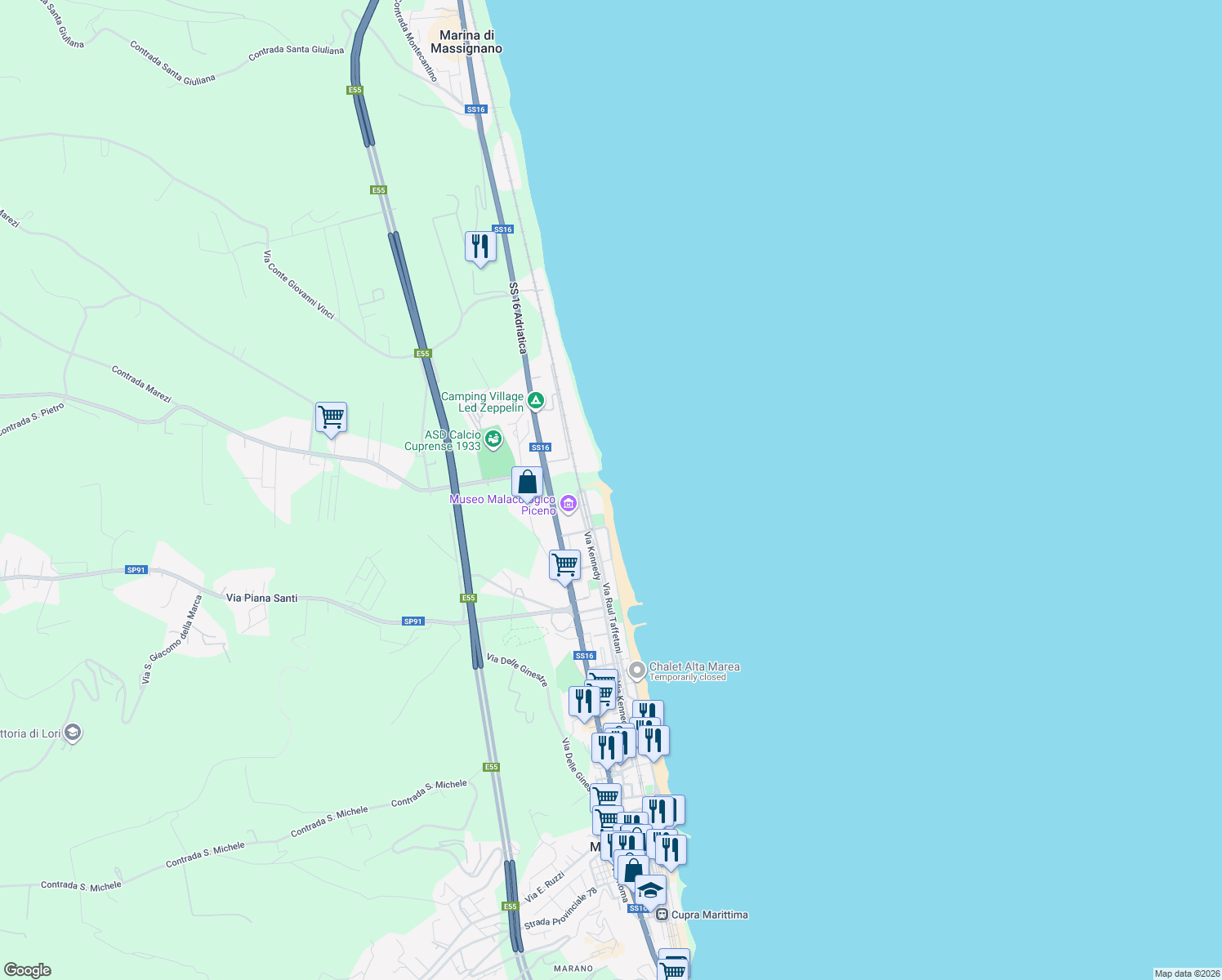 map of restaurants, bars, coffee shops, grocery stores, and more near 61 Via Kennedy in Cupra Marittima