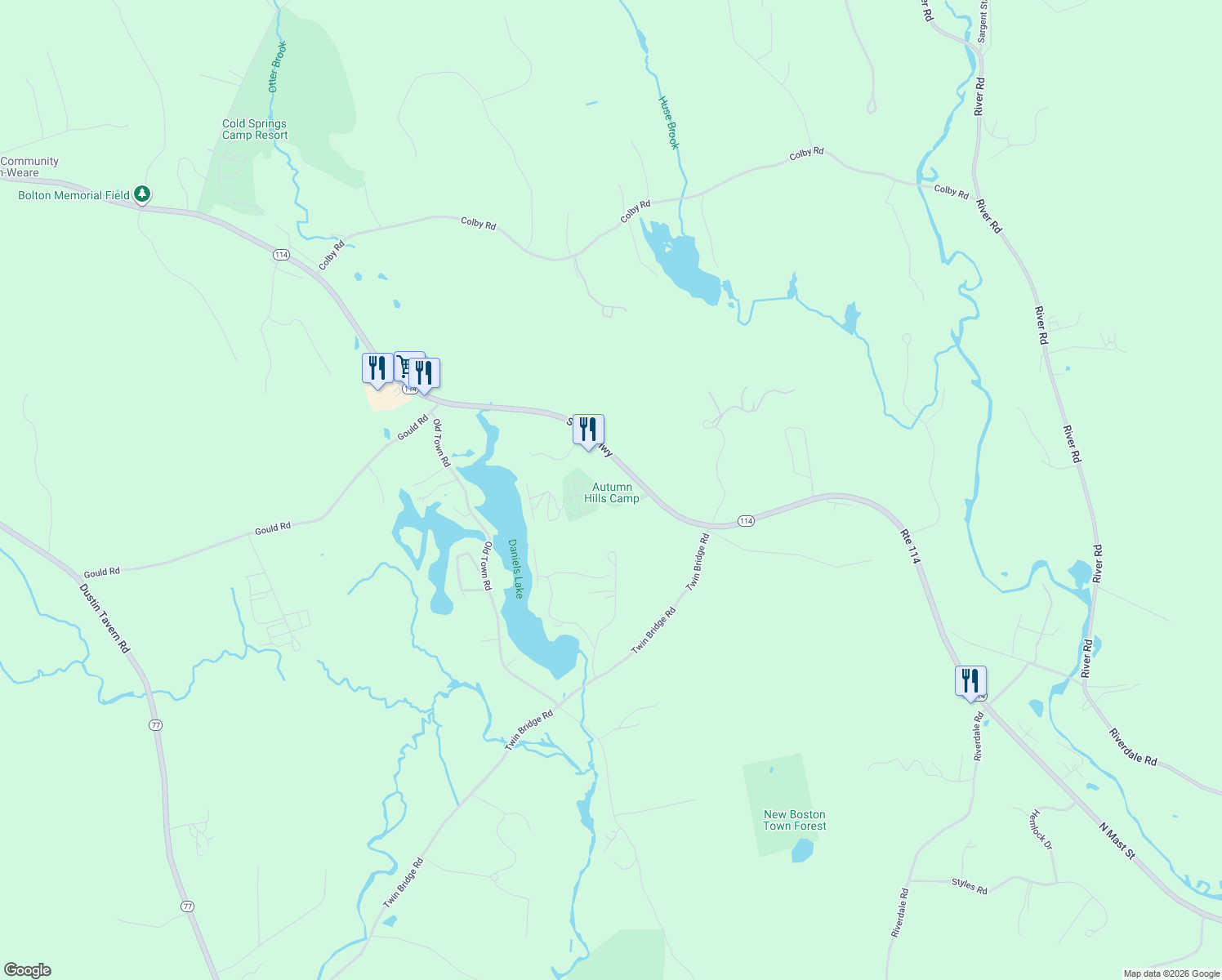 map of restaurants, bars, coffee shops, grocery stores, and more near 285 South Stark Highway in Weare