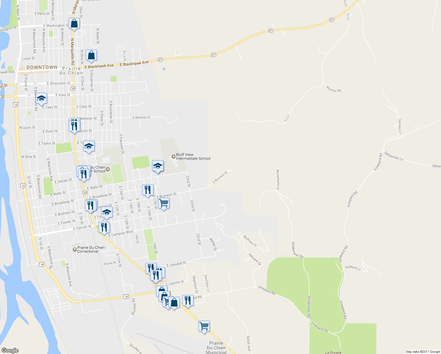 map of restaurants, bars, coffee shops, grocery stores, and more near Collins Lane in Prairie du Chien