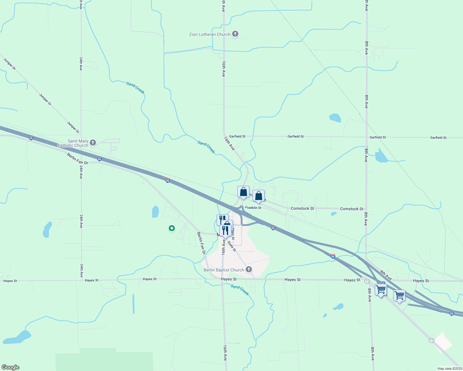 map of restaurants, bars, coffee shops, grocery stores, and more near 14869 16th Avenue in Marne