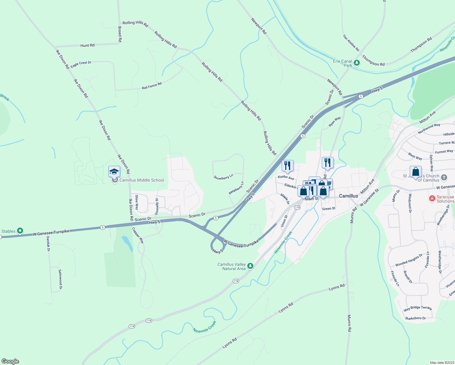 map of restaurants, bars, coffee shops, grocery stores, and more near 107 Snowberry Ln in Camillus